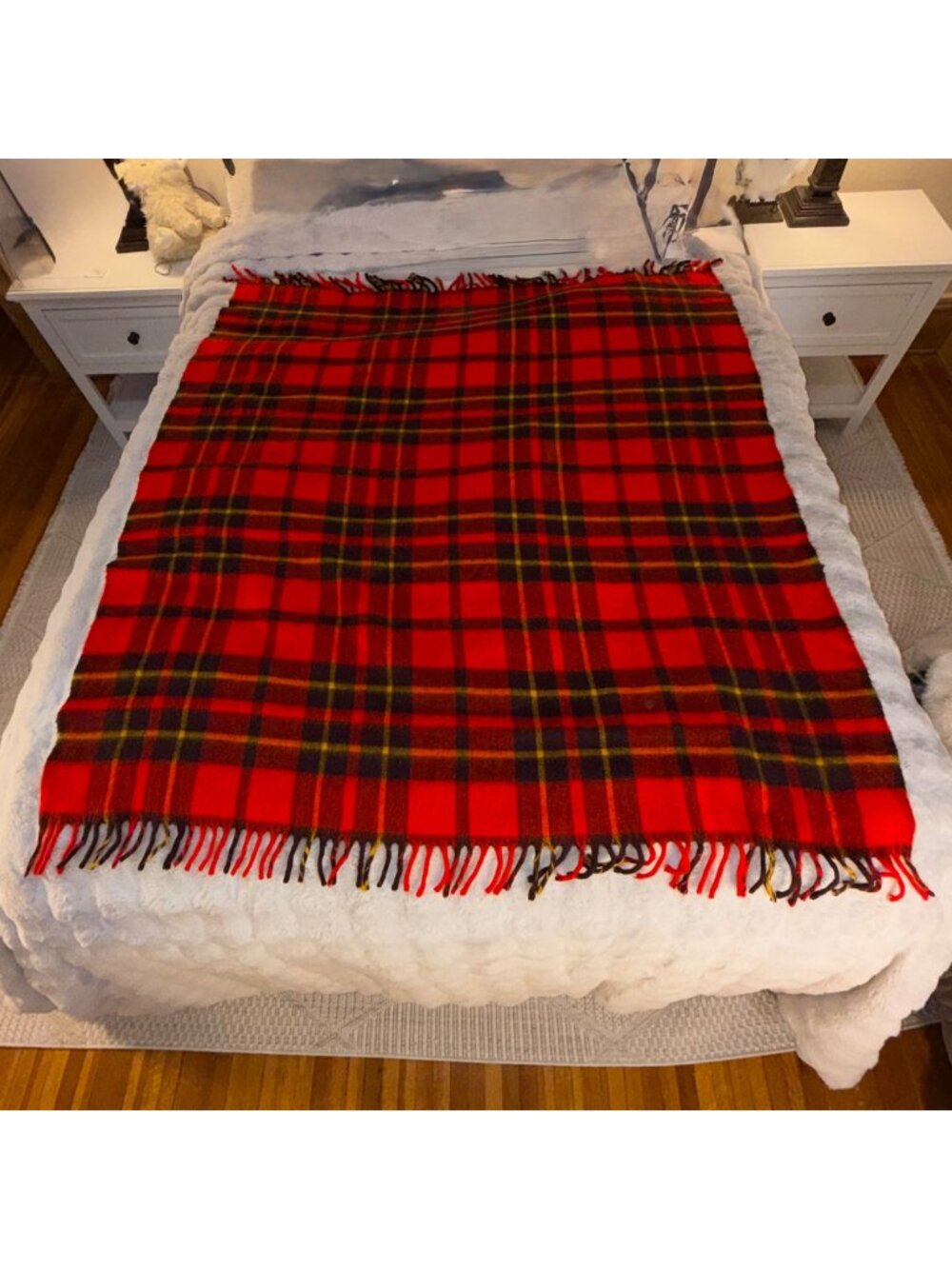 Vintage Faribo Red Plaid Wool Blanket With Fringe 51" x 56"